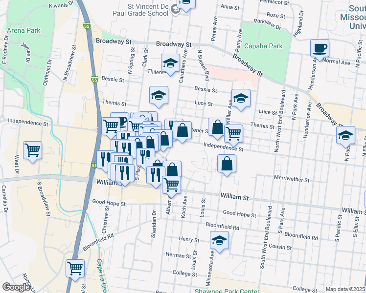 map of restaurants, bars, coffee shops, grocery stores, and more near 1749 Independence Street in Cape Girardeau