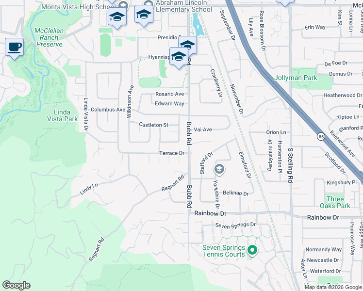 map of restaurants, bars, coffee shops, grocery stores, and more near 21558 Flintshire Street in Cupertino