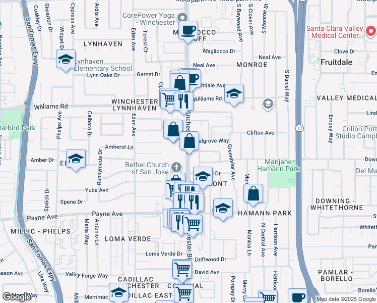 map of restaurants, bars, coffee shops, grocery stores, and more near S Winchester Blvd & Greentree Way in San Jose