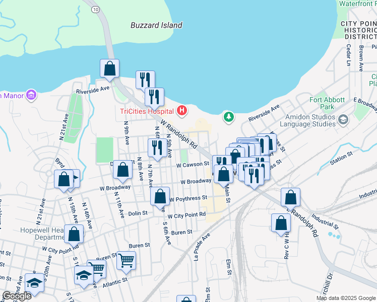 map of restaurants, bars, coffee shops, grocery stores, and more near 411 North 3 1/2 Avenue in Hopewell
