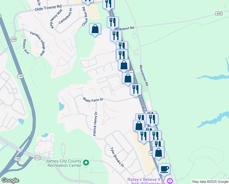 map of restaurants, bars, coffee shops, grocery stores, and more near 280 Patriot Lane in Williamsburg