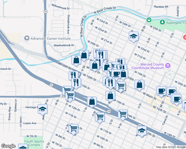 map of restaurants, bars, coffee shops, grocery stores, and more near 1347 West 16th Street in Merced