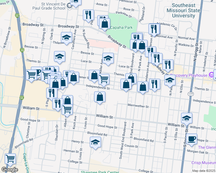 map of restaurants, bars, coffee shops, grocery stores, and more near 1522 Independence Street in Cape Girardeau