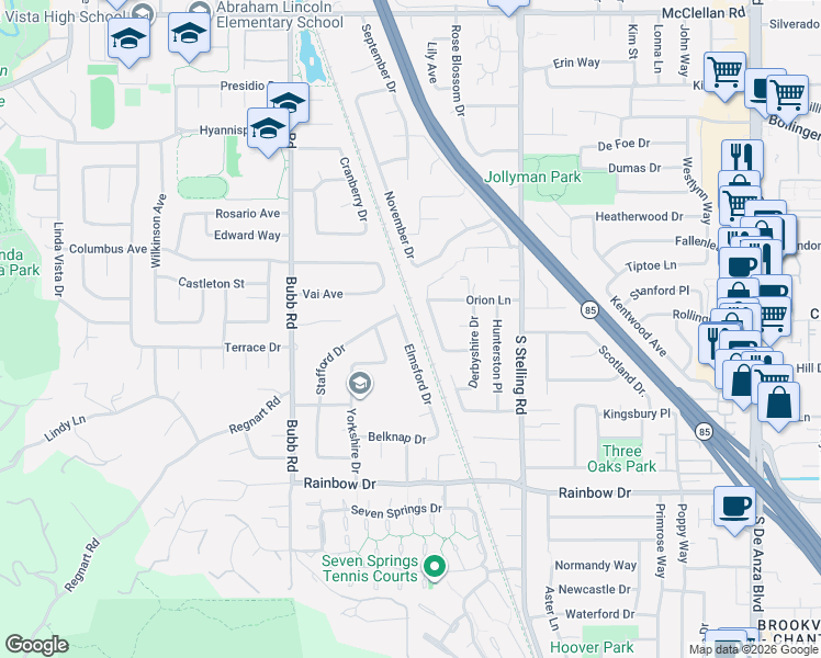 map of restaurants, bars, coffee shops, grocery stores, and more near 1124 Elmsford Drive in Cupertino