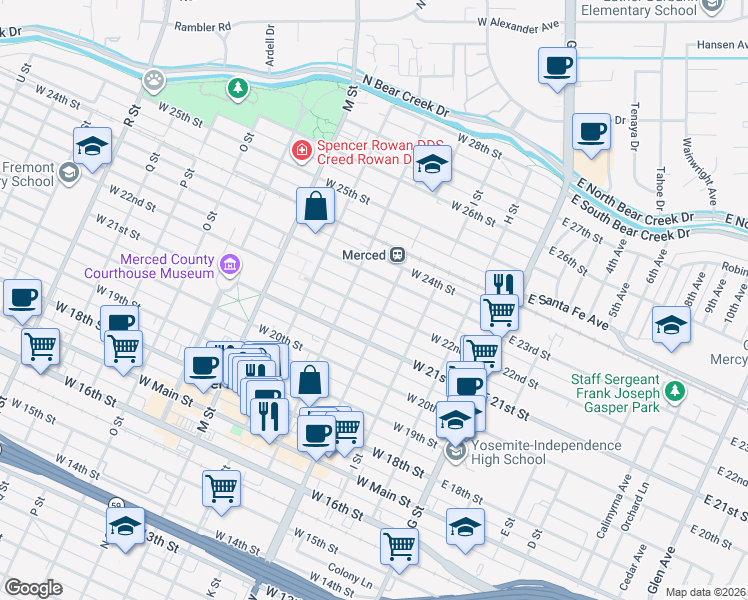 map of restaurants, bars, coffee shops, grocery stores, and more near 360 West 23rd Street in Merced