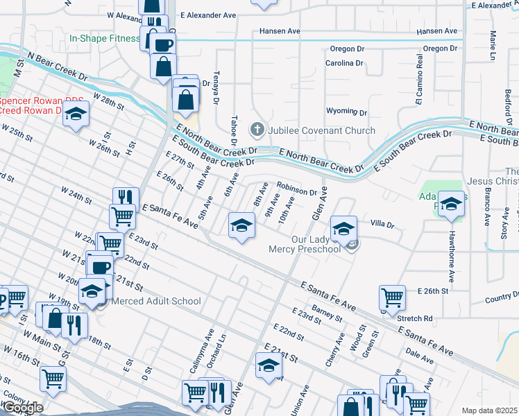 map of restaurants, bars, coffee shops, grocery stores, and more near 2644 8th Avenue in Merced