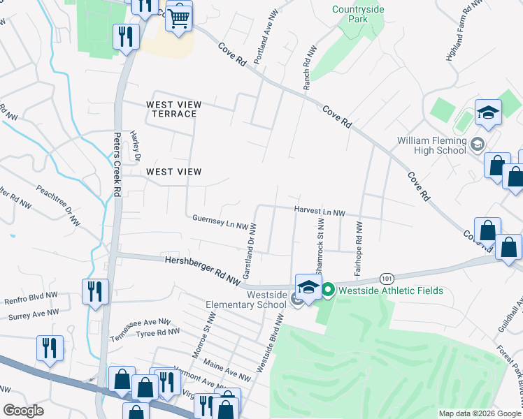 map of restaurants, bars, coffee shops, grocery stores, and more near 2205 Garstland Drive Northwest in Roanoke