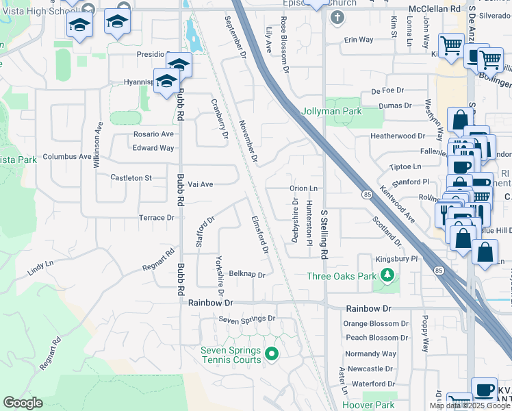 map of restaurants, bars, coffee shops, grocery stores, and more near 1124 Elmsford Drive in Cupertino