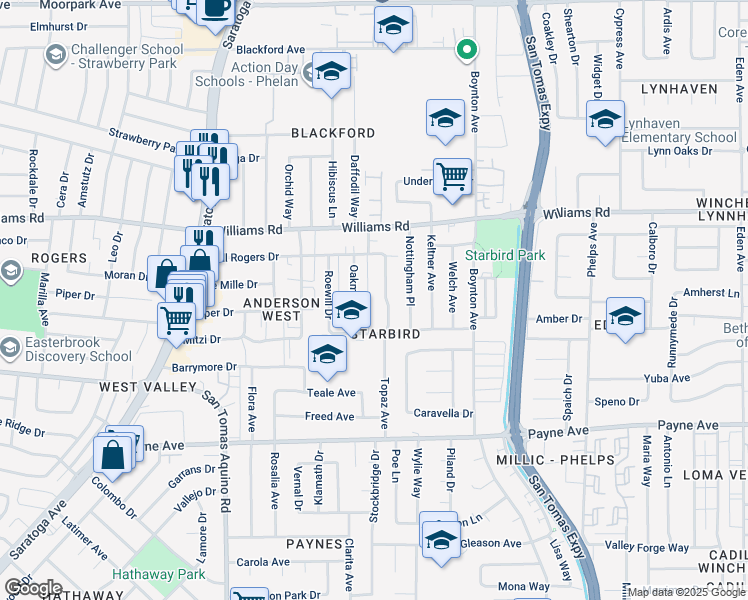 map of restaurants, bars, coffee shops, grocery stores, and more near 1113 Topaz Avenue in San Jose