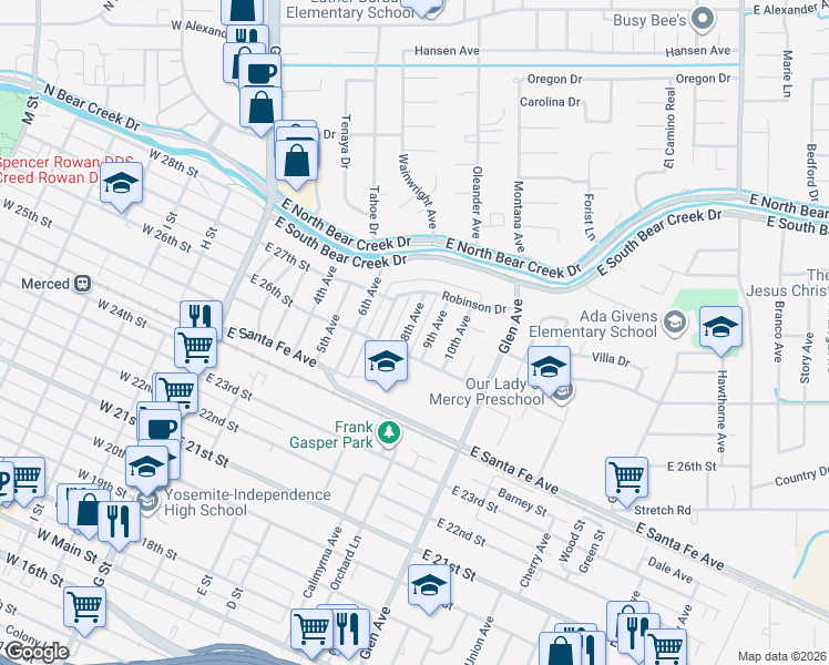 map of restaurants, bars, coffee shops, grocery stores, and more near 2714 8th Avenue in Merced