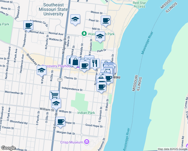 map of restaurants, bars, coffee shops, grocery stores, and more near 301 Broadway Street in Cape Girardeau