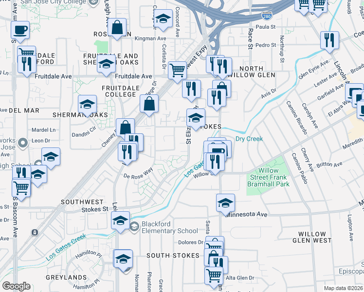 map of restaurants, bars, coffee shops, grocery stores, and more near 1470 McKinley Avenue in San Jose