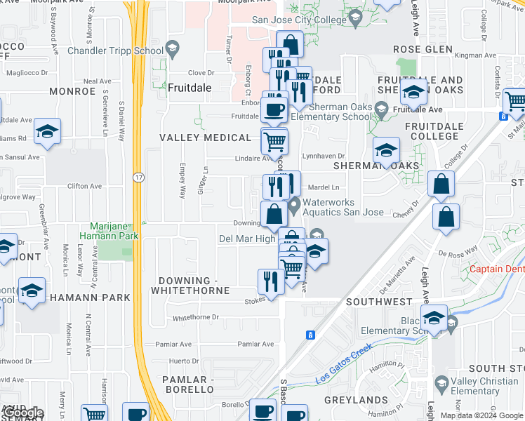 map of restaurants, bars, coffee shops, grocery stores, and more near 1095 Delna Manor Lane in San Jose