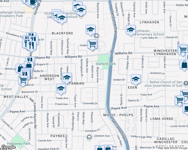 map of restaurants, bars, coffee shops, grocery stores, and more near 1093 Boynton Avenue in San Jose
