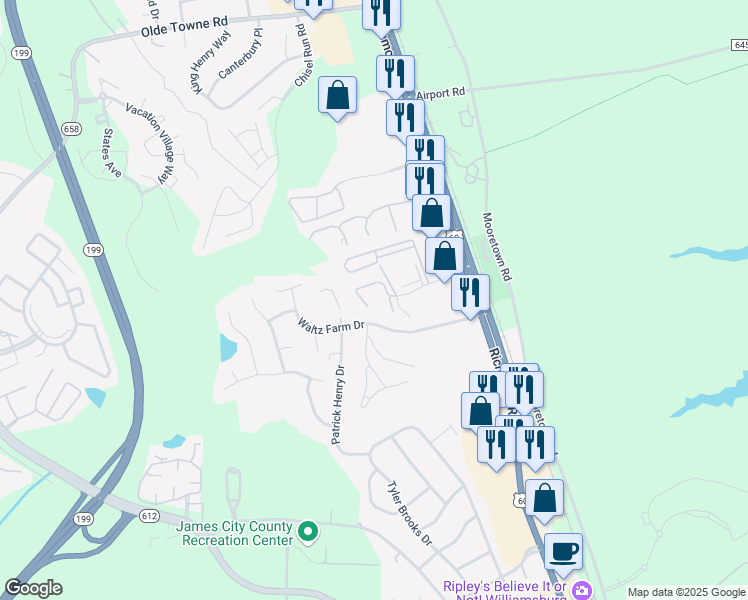 map of restaurants, bars, coffee shops, grocery stores, and more near 1803 Westgate Circle in Williamsburg
