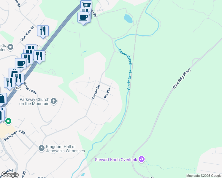 map of restaurants, bars, coffee shops, grocery stores, and more near 3812 Blueberry Ridge in Roanoke