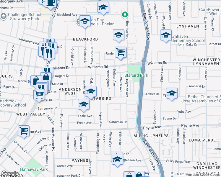 map of restaurants, bars, coffee shops, grocery stores, and more near 1112 Nottingham Place in San Jose