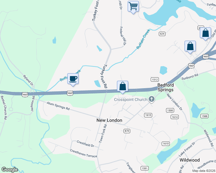 map of restaurants, bars, coffee shops, grocery stores, and more near 329 Turkey Foot Road in Forest