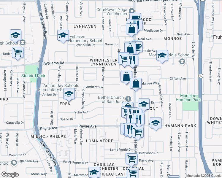map of restaurants, bars, coffee shops, grocery stores, and more near 3211 Greentree Way in San Jose