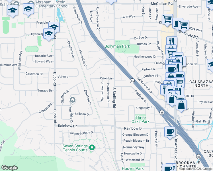 map of restaurants, bars, coffee shops, grocery stores, and more near 1084 Derbyshire Drive in Cupertino