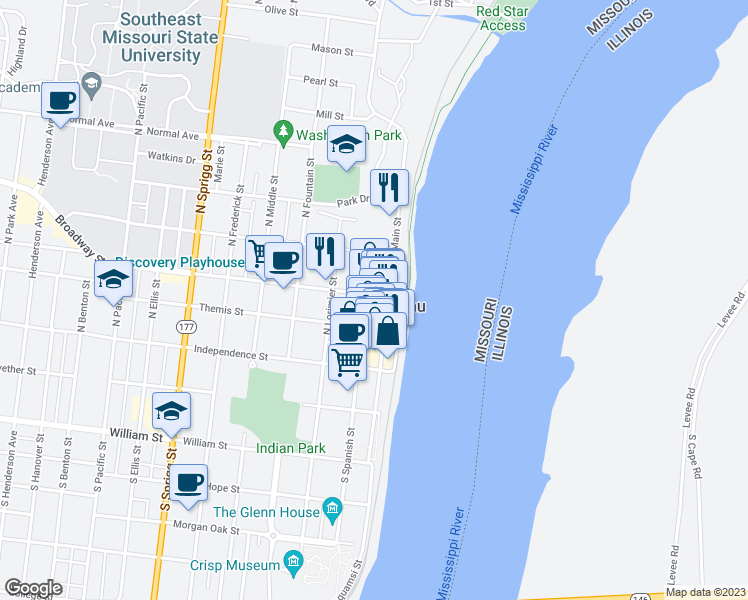 map of restaurants, bars, coffee shops, grocery stores, and more near 115 Broadway Street in Cape Girardeau