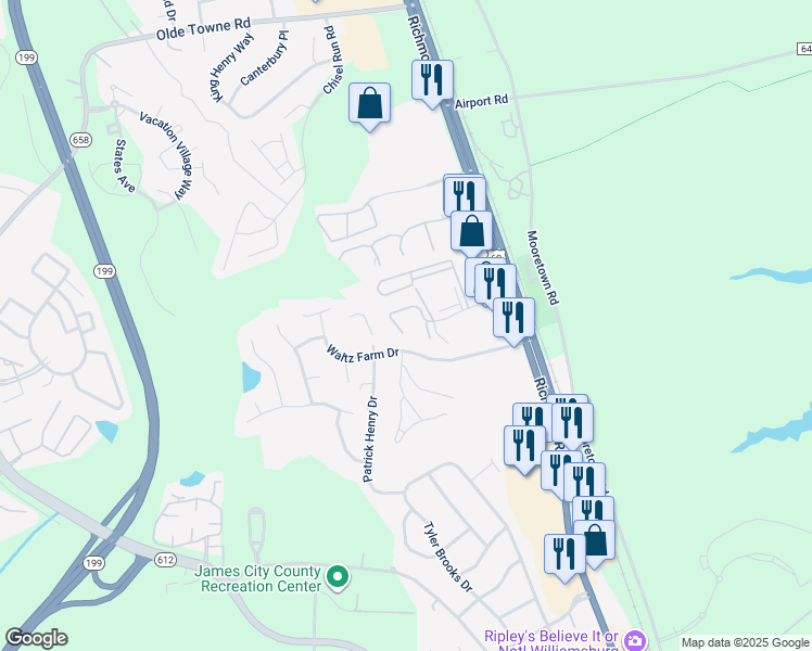 map of restaurants, bars, coffee shops, grocery stores, and more near 1803 Westgate Circle in Williamsburg