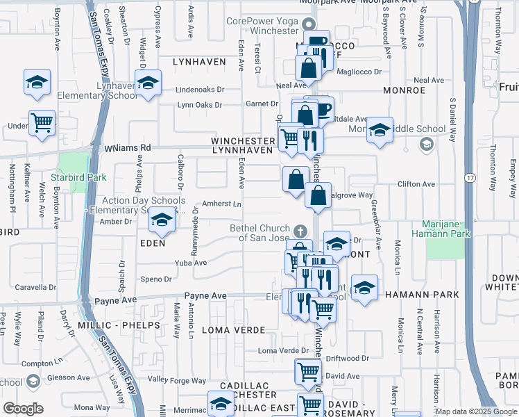 map of restaurants, bars, coffee shops, grocery stores, and more near 3211 Greentree Way in San Jose