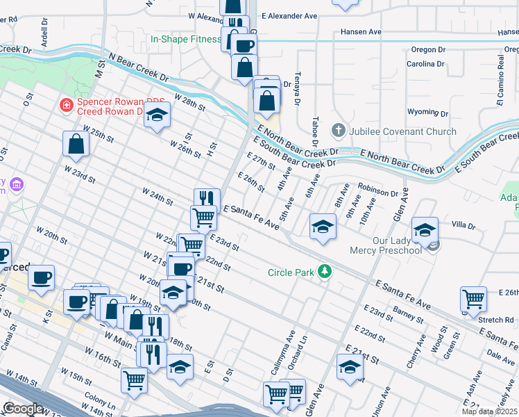 map of restaurants, bars, coffee shops, grocery stores, and more near 2500 2nd Avenue in Merced