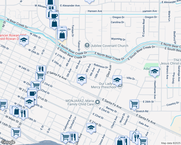 map of restaurants, bars, coffee shops, grocery stores, and more near 2663 9th Avenue in Merced