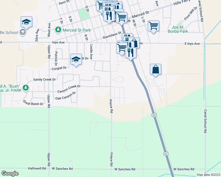 map of restaurants, bars, coffee shops, grocery stores, and more near 28942 Prince Road in Newman
