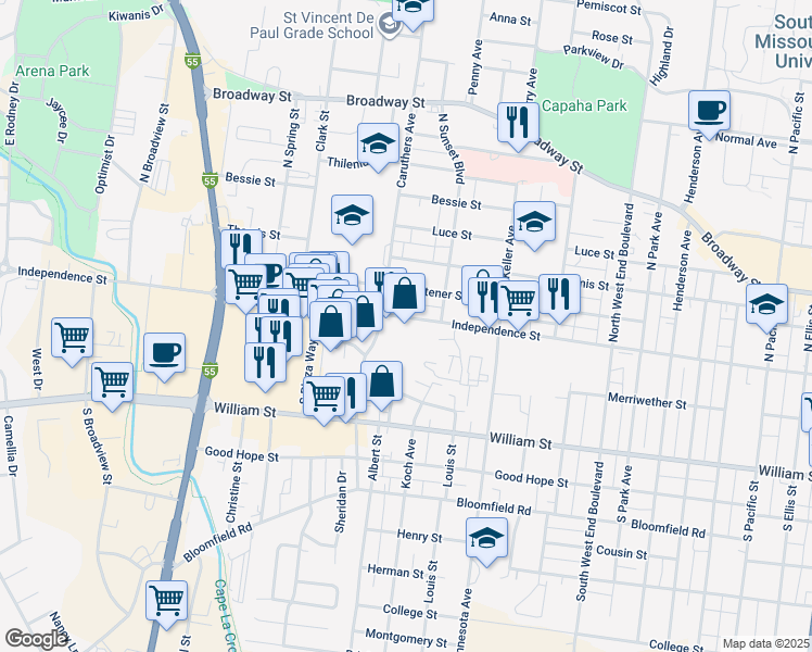 map of restaurants, bars, coffee shops, grocery stores, and more near 1727 Whitener Street in Cape Girardeau