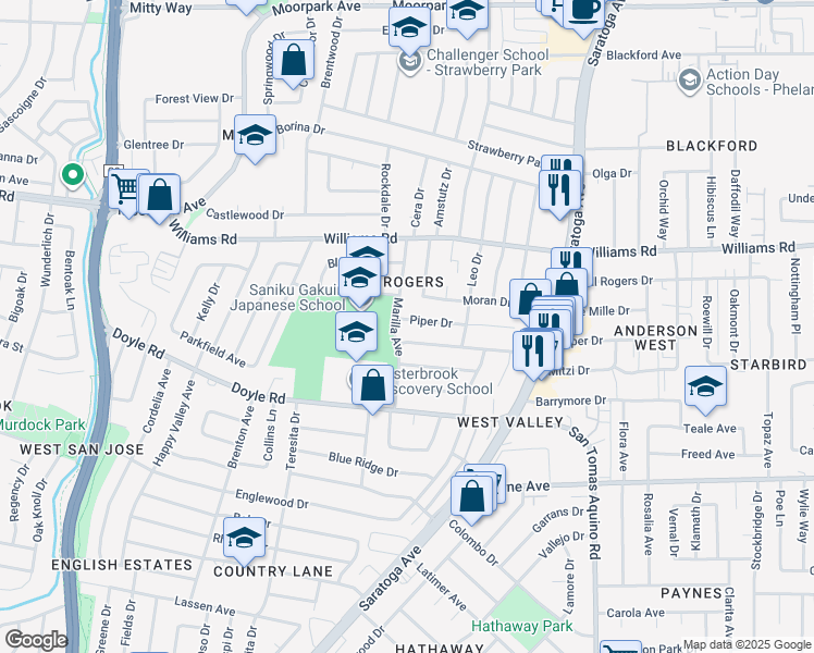 map of restaurants, bars, coffee shops, grocery stores, and more near 4640 Piper Drive in San Jose