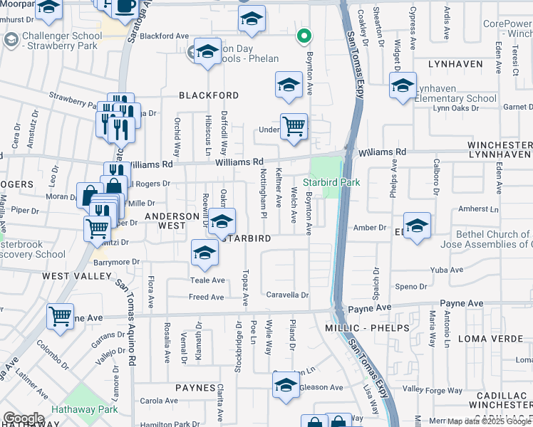 map of restaurants, bars, coffee shops, grocery stores, and more near 1112 Nottingham Place in San Jose