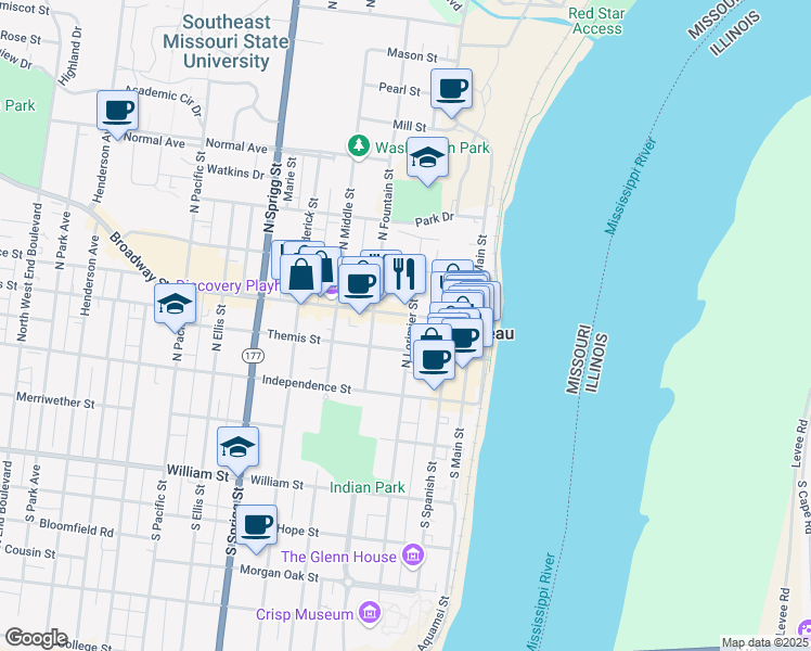 map of restaurants, bars, coffee shops, grocery stores, and more near 301 Broadway Street in Cape Girardeau