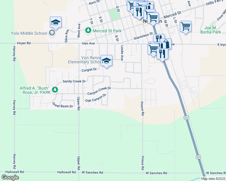 map of restaurants, bars, coffee shops, grocery stores, and more near 1240 Walnut Creek Drive in Newman