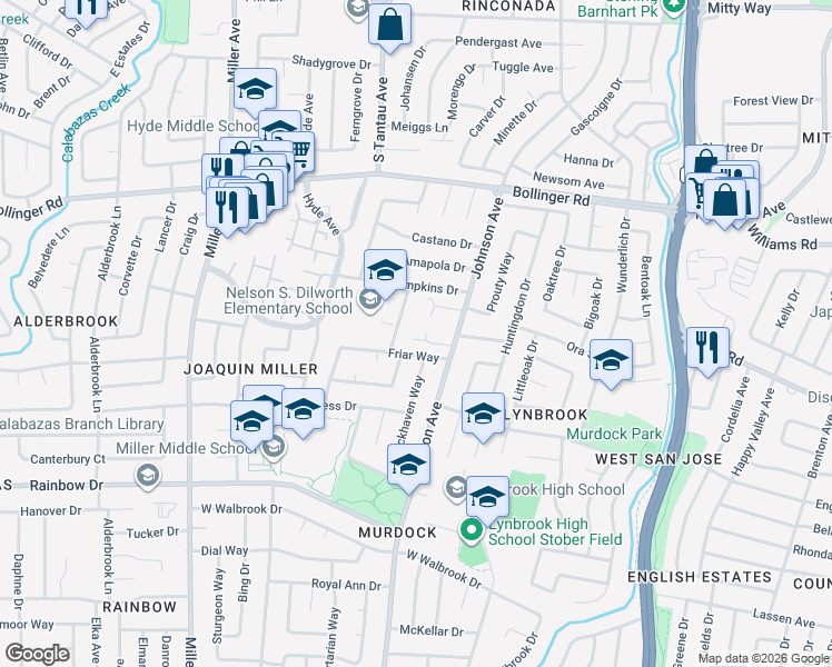 map of restaurants, bars, coffee shops, grocery stores, and more near 5902 Manorwood Court in San Jose