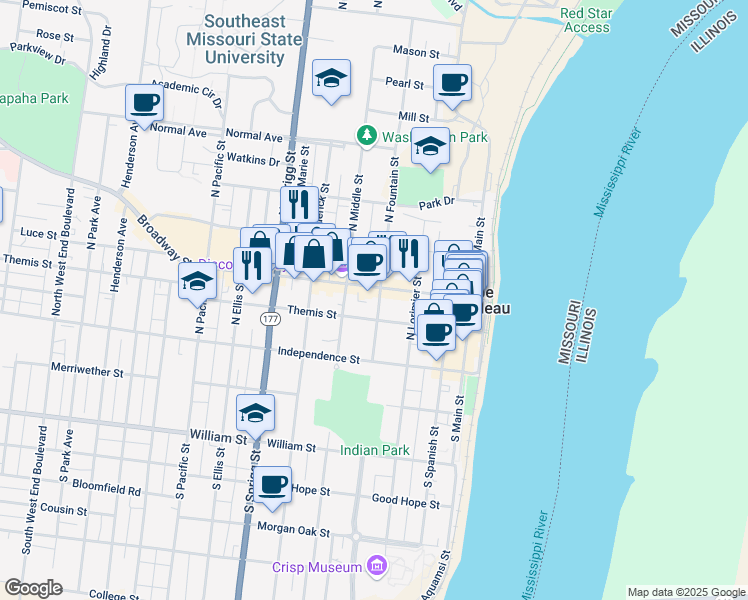 map of restaurants, bars, coffee shops, grocery stores, and more near 151 North Fountain Street in Cape Girardeau