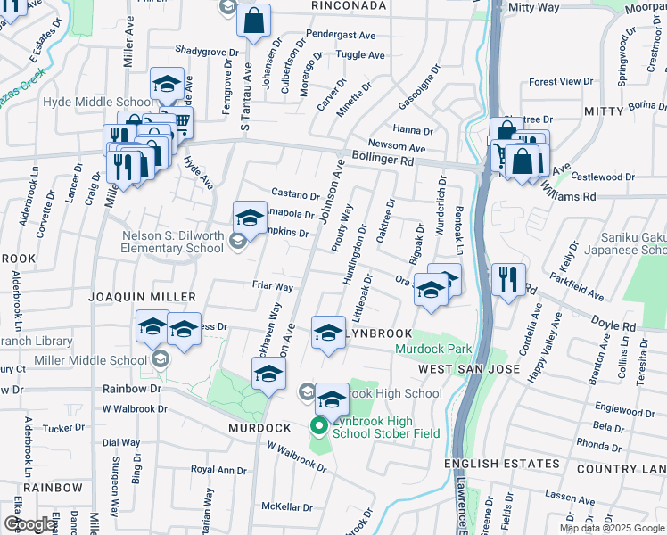 map of restaurants, bars, coffee shops, grocery stores, and more near 1104 Johnson Avenue in San Jose