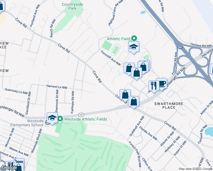 map of restaurants, bars, coffee shops, grocery stores, and more near 3451 Cove Road in Roanoke