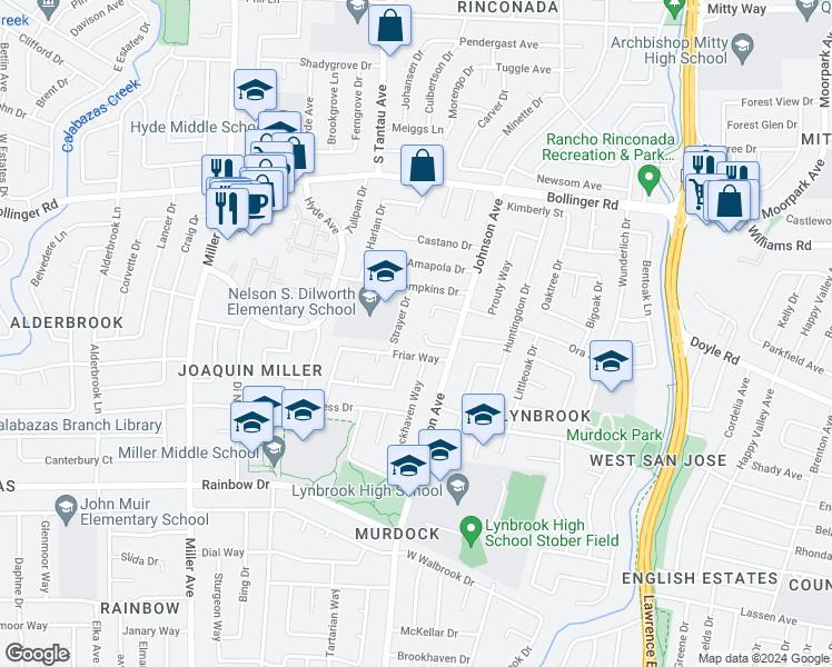 map of restaurants, bars, coffee shops, grocery stores, and more near 5902 Manorwood Court in San Jose