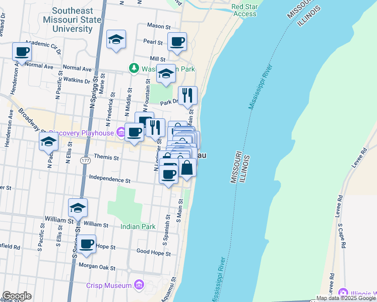 map of restaurants, bars, coffee shops, grocery stores, and more near in Cape Girardeau
