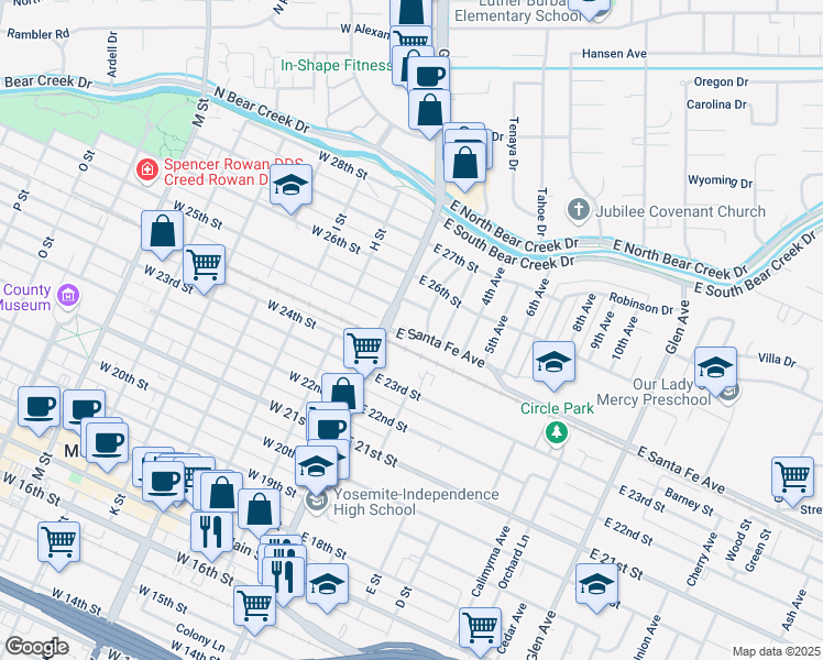 map of restaurants, bars, coffee shops, grocery stores, and more near 75 Santa Fe Terrace in Merced