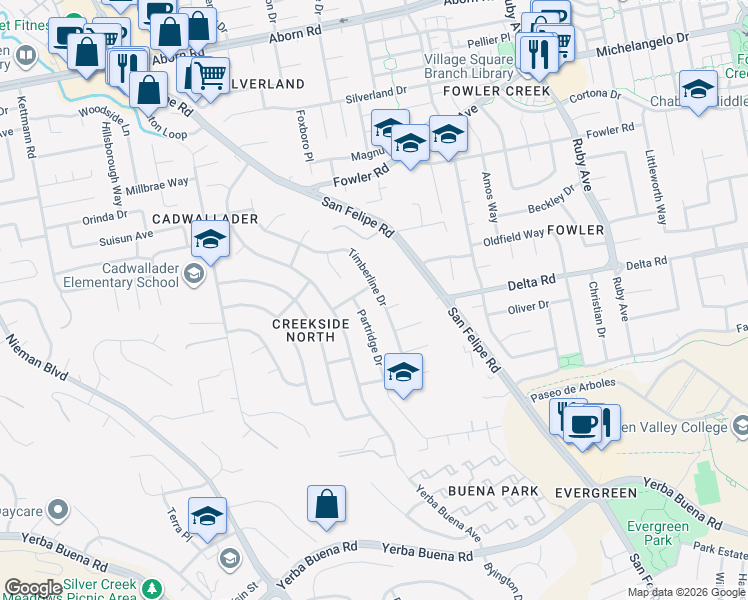 map of restaurants, bars, coffee shops, grocery stores, and more near 4010 Timberline Drive in San Jose