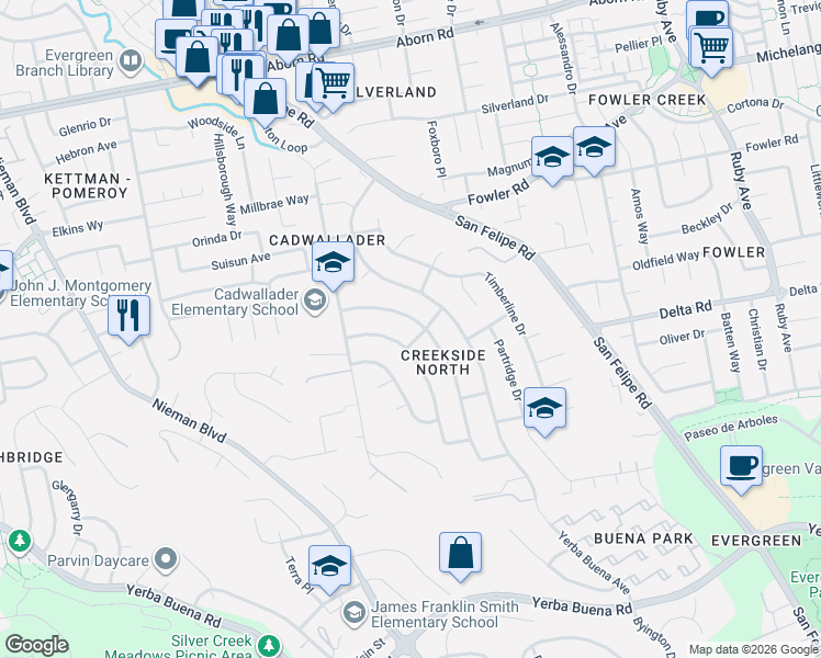 map of restaurants, bars, coffee shops, grocery stores, and more near 3912 Forestwood Drive in San Jose