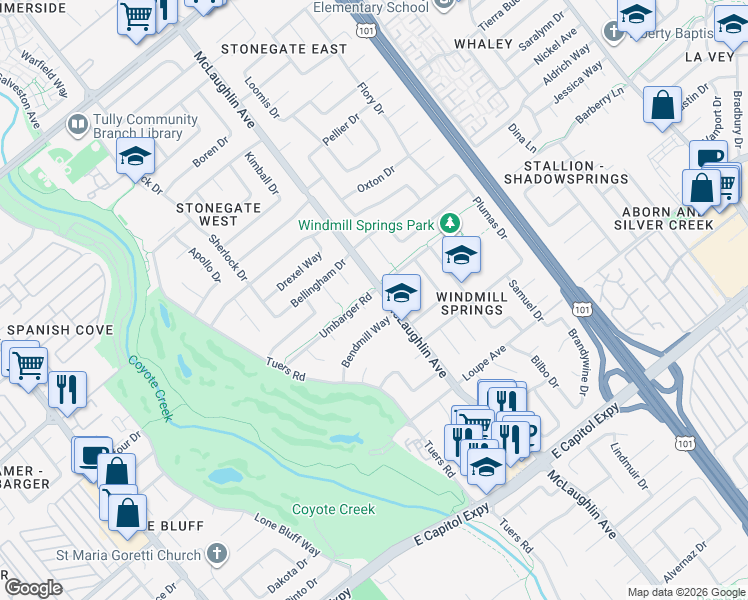 map of restaurants, bars, coffee shops, grocery stores, and more near 2799 McLaughlin Avenue in San Jose