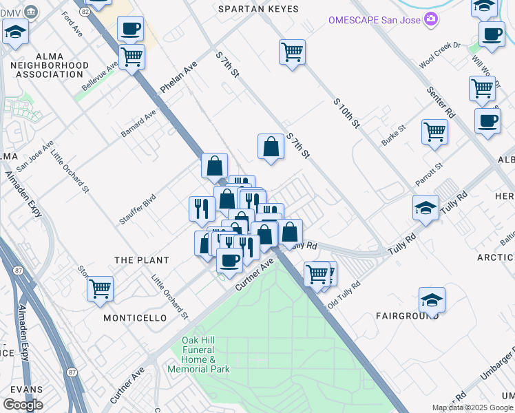map of restaurants, bars, coffee shops, grocery stores, and more near 2010 Monterey Road in San Jose