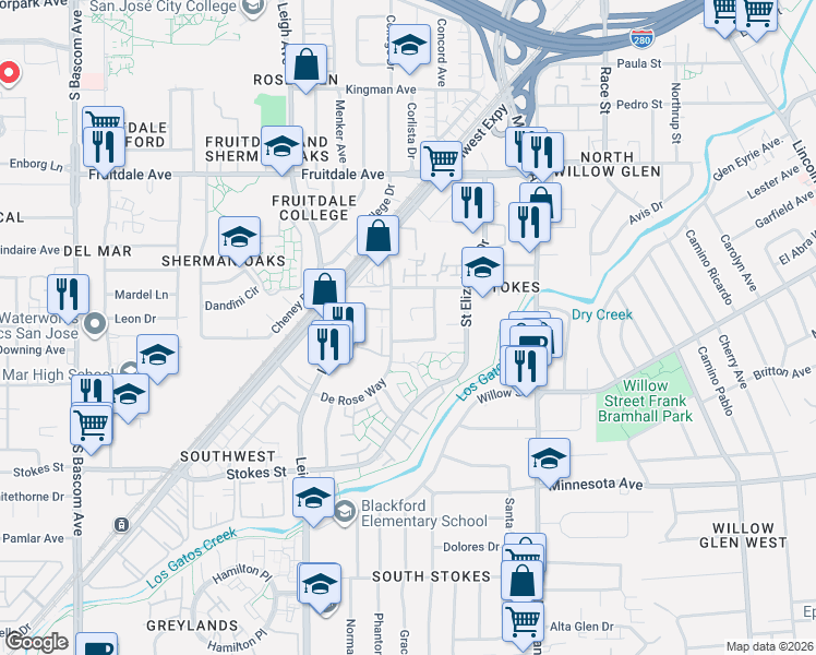 map of restaurants, bars, coffee shops, grocery stores, and more near 1526 Willowhaven Court in San Jose