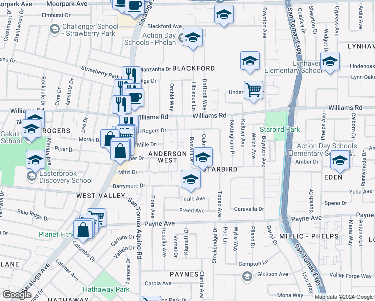 map of restaurants, bars, coffee shops, grocery stores, and more near 1075 Roewill Drive in San Jose