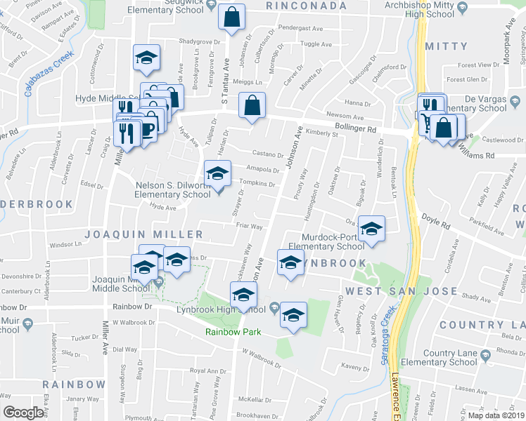 map of restaurants, bars, coffee shops, grocery stores, and more near 5846 Randleswood Court in San Jose