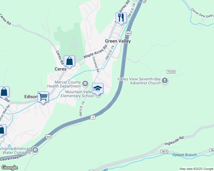 map of restaurants, bars, coffee shops, grocery stores, and more near 171 Lofty Street in Bluefield